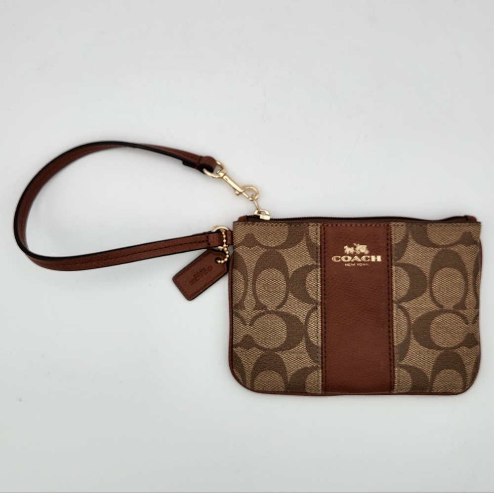 Coach Corner Zip Wristlet Signature Coated Canvas Brown with Leather Stripe